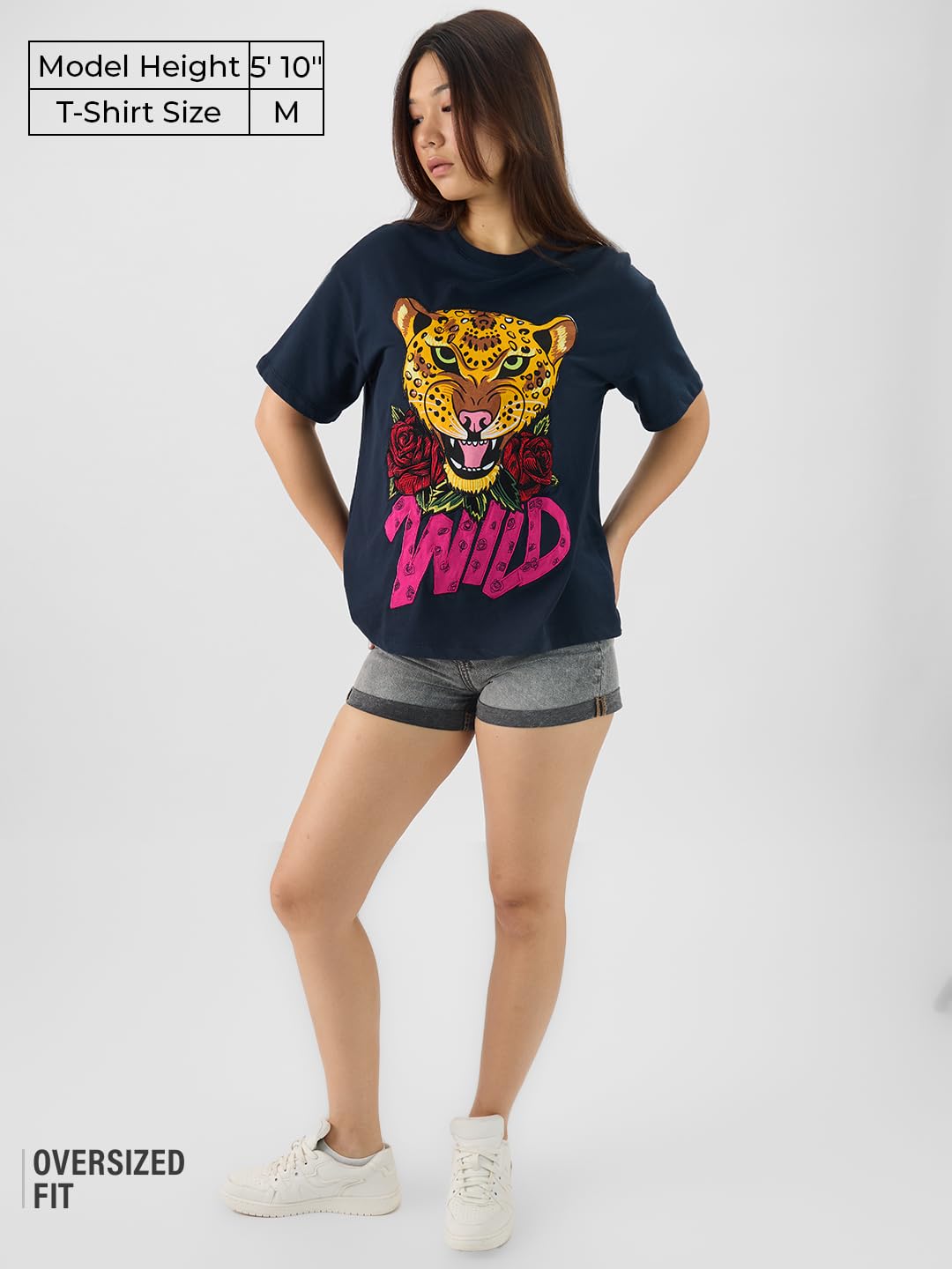 The Souled Store Wild Women and Girls Short Sleeves Round Neck Applique Patch Cotton Oversized T-Shirts Blue