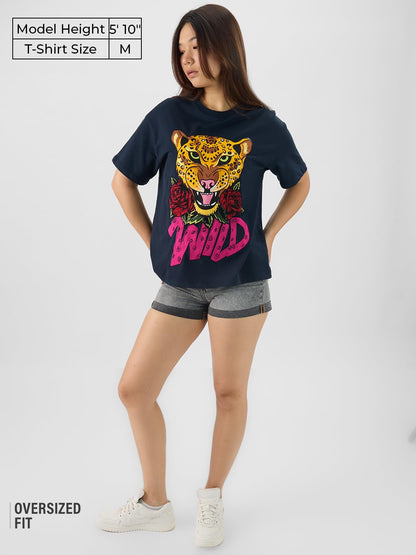 The Souled Store Wild Women and Girls Short Sleeves Round Neck Applique Patch Cotton Oversized T-Shirts Blue