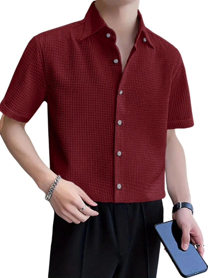 Greciilooks Solid For Casual Stylish Waffle Regular Fit | Men Formal Half Sleeve Shirt (Gl-Ms-6237_Maroon
