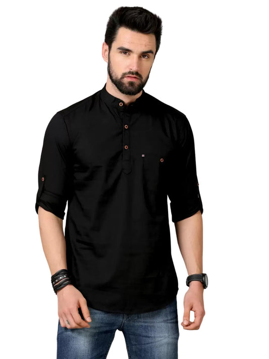 Deemoon MenS Cotton Blend Full Sleeve Short Kurta With Mandarin Collar Crafted From A Premium Cotton Blend Black