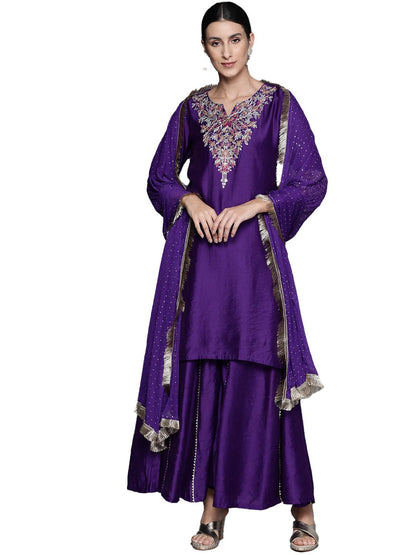 Varanga Women Floral Embroidered Straight Kurta With Palazzo And Fringed Dupatta  Violet Yoke & Border Embroidery, Round Neck Wi