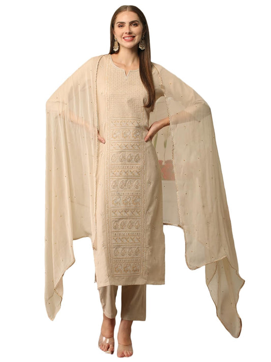 Gosriki WomenS Cotton Blend Chikankari Embroidered Straight Kurta With Pant & Dupatta (Devaana-Beige-Nw-Gs_Xxl_Beige_Xx-Large)