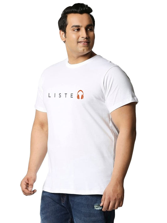 Bewakoof Mens Keep Listening Typography Plus Size T-Shirt, Regular Fit, Round Neck, Half Sleeve_590291_White_3XL