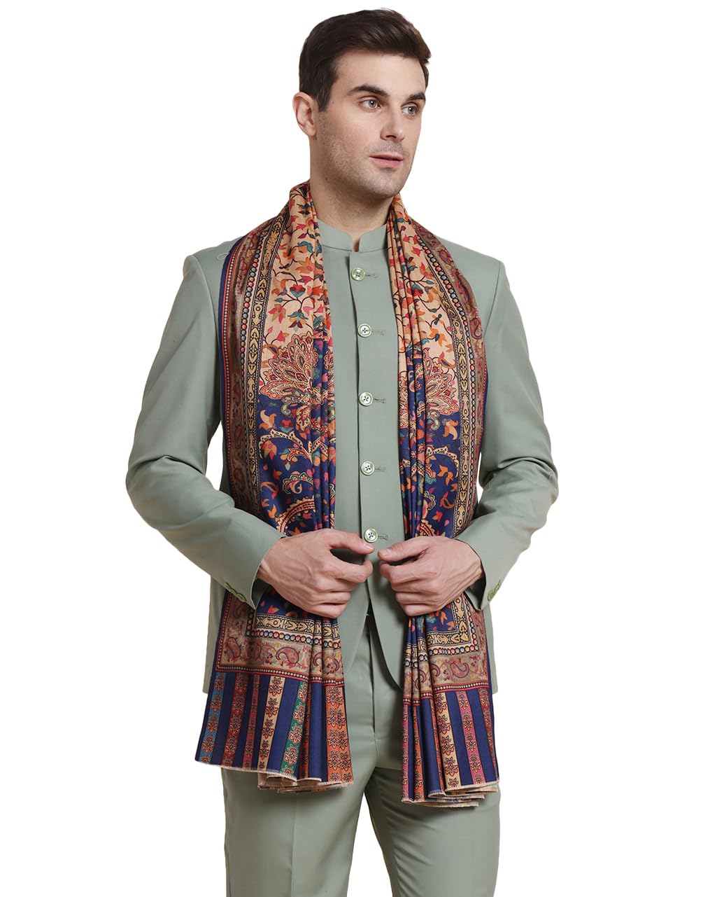 Weavers Villa Mens Acro Wool Blend Printed Shawl - Handloom Paisley Design - Stoles for Men - Gents Shawls - Soft & Warm Wrap -
