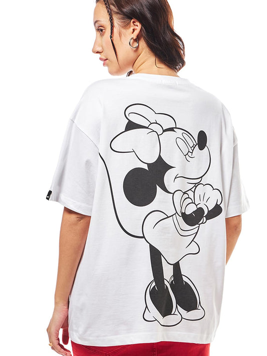 Bewakoof Official Disney Merchandise Minnie Womens Graphic Print Oversized Fit Half Sleeve Round Neck Cotton T-Shirt_627774_Whi