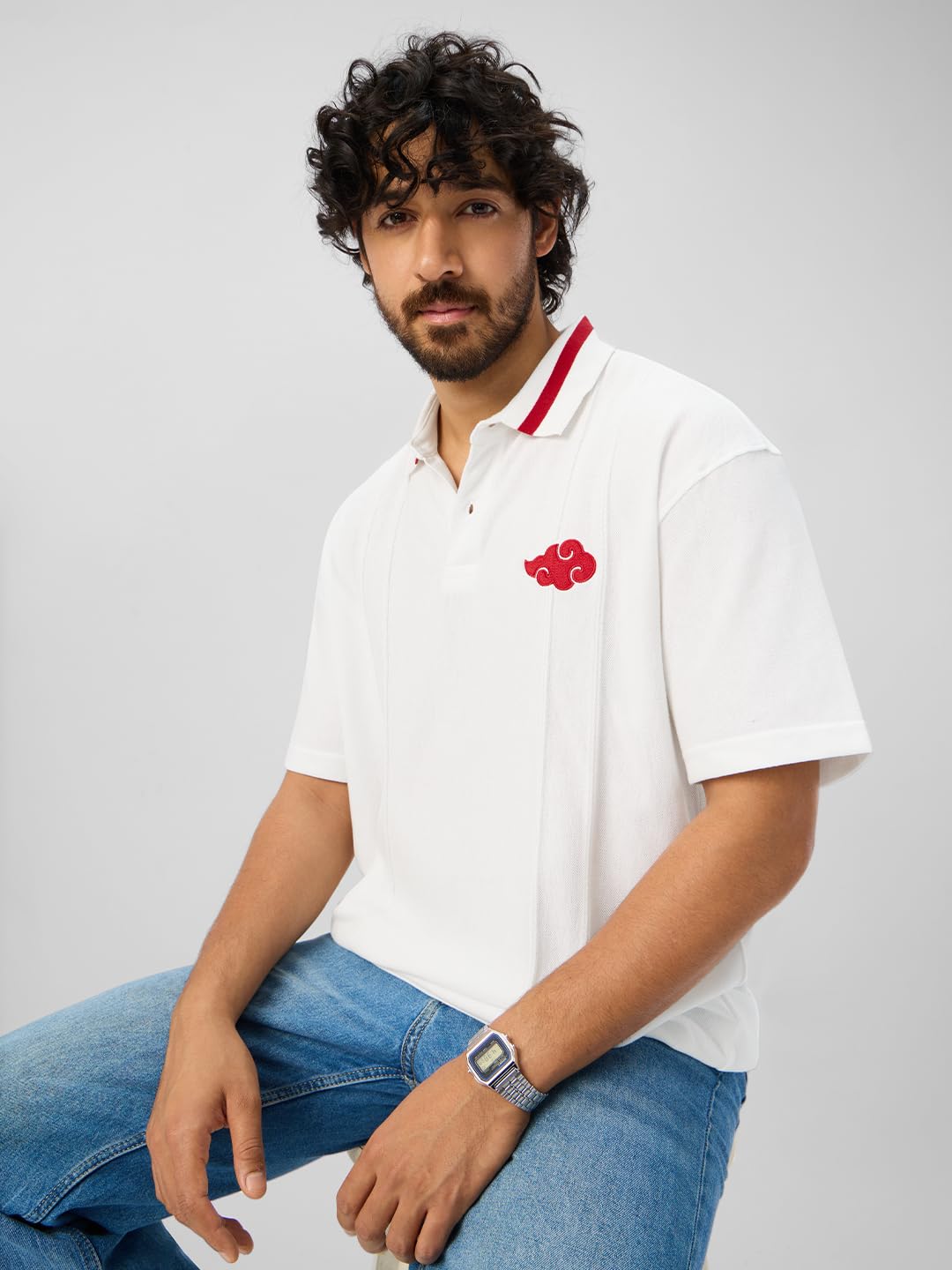 The Souled Store Naruto Shippuden: Akatsuki Outlaws Men and Boys Short Sleeves Collared Neck White Embroidered Cotton Blend Over