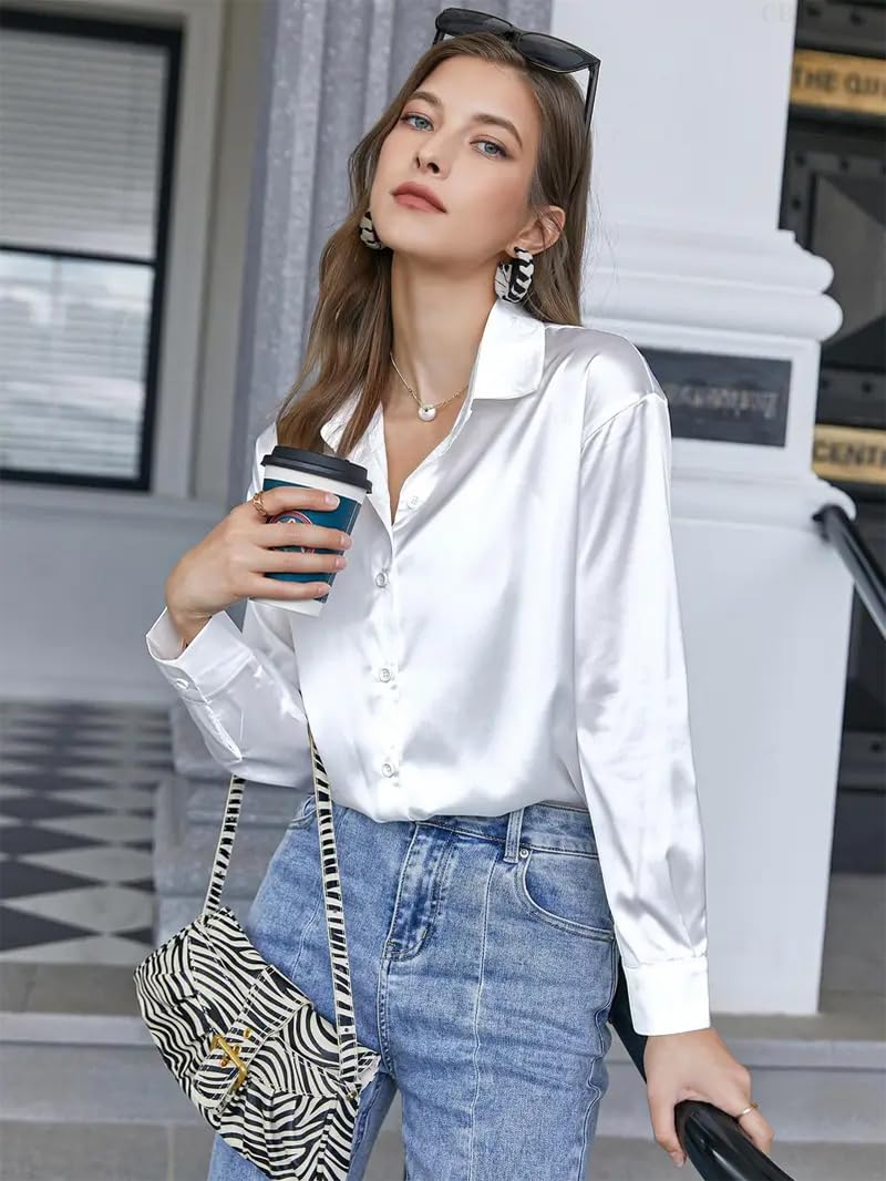 CB-COLEBROOK Womens Blouse Satin Silk Stylish Shirts Button Down Solid Shirts Casual Loose Long Sleeve Office Work Tunic Wester