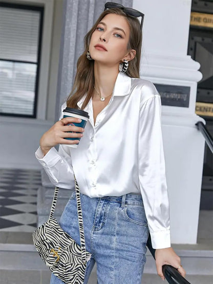 CB-COLEBROOK Womens Blouse Satin Silk Stylish Shirts Button Down Solid Shirts Casual Loose Long Sleeve Office Work Tunic Wester