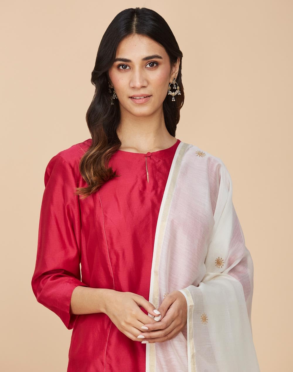 Fabindia Off White Cotton Silk Celebration Chikankari Women Dupatta (1 Dupatta) - Free Size