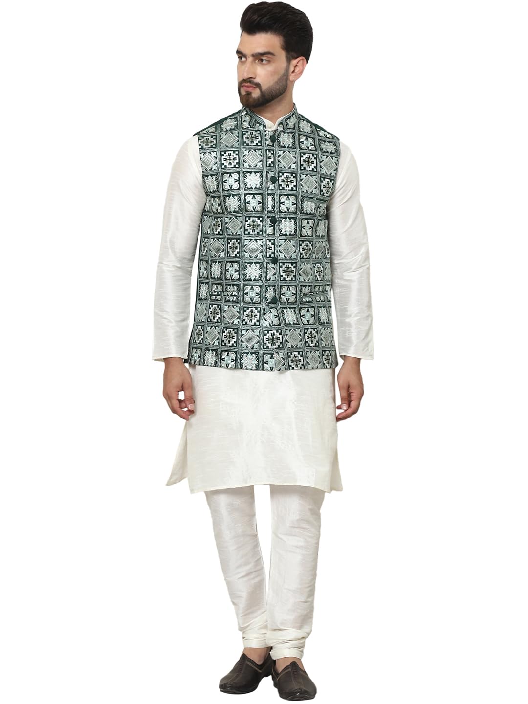 SOJANYA (Since 1958 Men's Silk Blend Solid Cream Kurta Pyjama with Embroidered Green Nehru Jacket