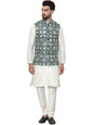 SOJANYA (Since 1958 Men's Silk Blend Solid Cream Kurta Pyjama With Embroidered Green Nehru Jacket