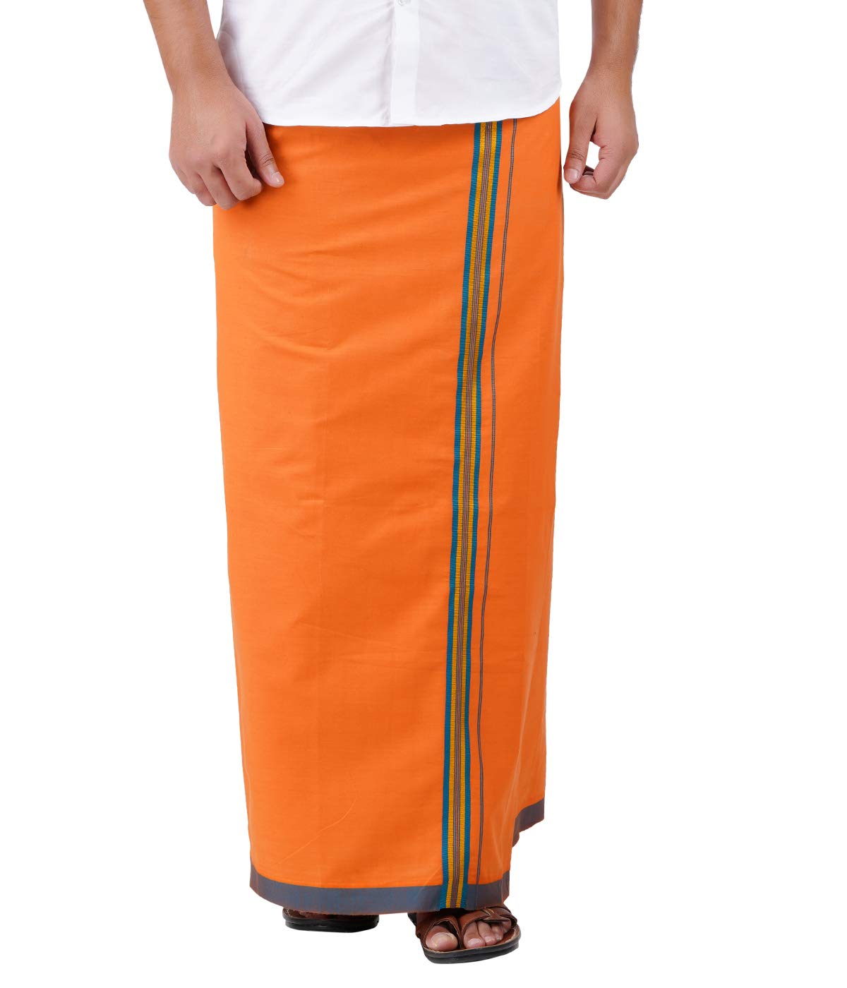Prakasam Cotton Mens Kavi Colour Fancy Border Welcro Pocket Dhoti (Himfan-Kavi)
