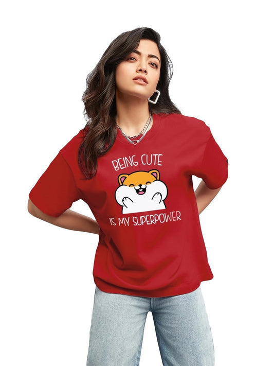 Bewakoof Womens Being Cute is My Super Power Graphic Print 100% Cotton T-Shirt- Oversized Fit, Round Neck, Half Sleeve