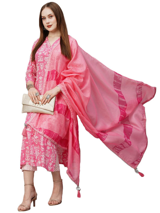 GoSriKi Women's Cotton Blend Floral Printed Straight Kurta with Pants & with Dupatta
