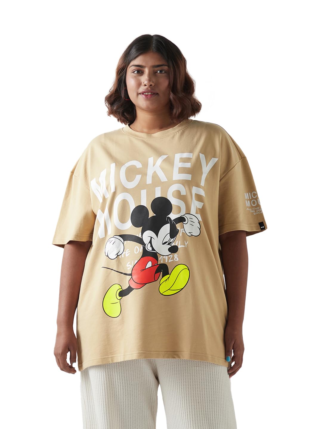Bewakoof Heavy Duty 1.0 Offcial Disney Merchandise Mickey Womens Graphic Print Oversized Fit Half Sleeve Round Neck Terry Plus