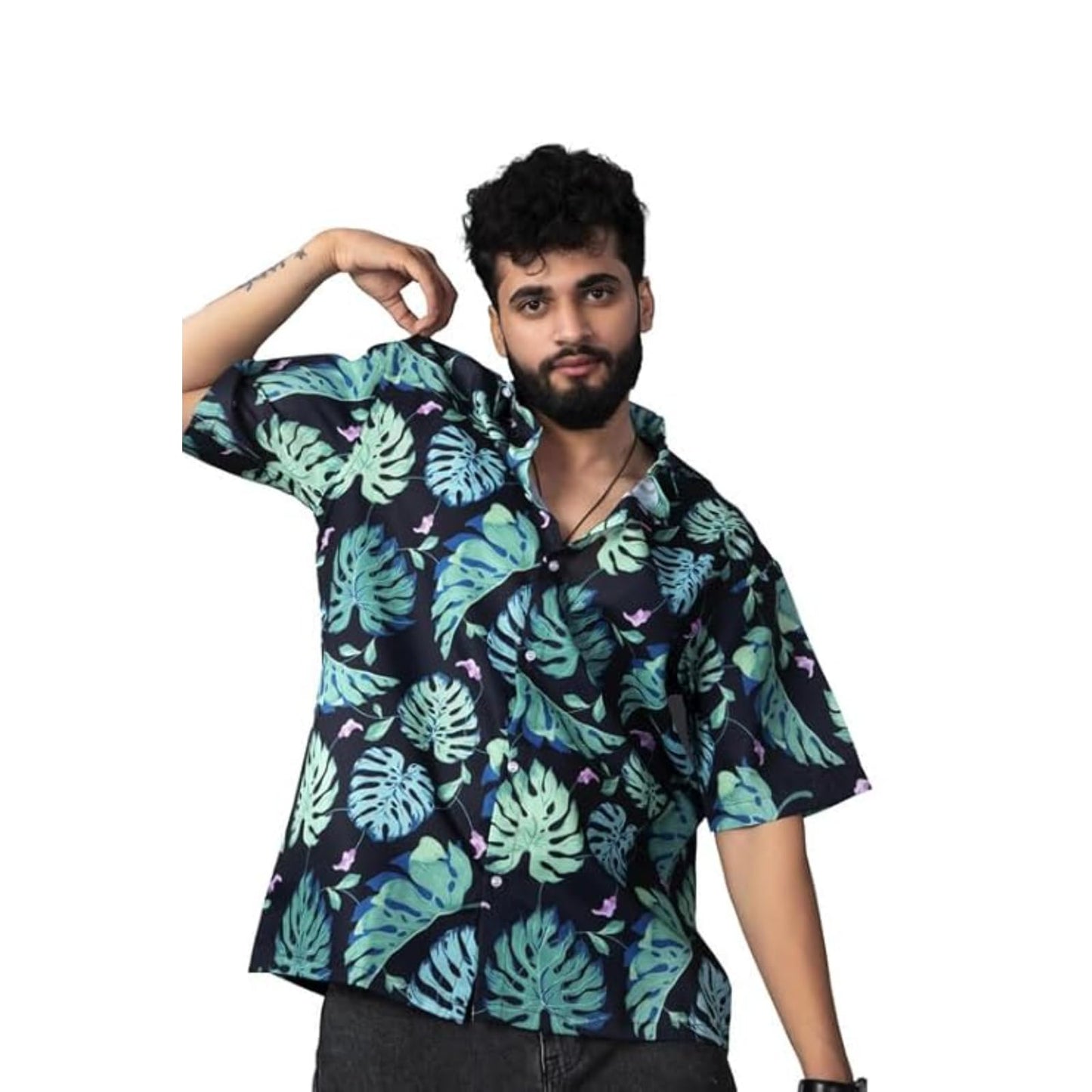 Brown Culture MenS Cotton Blend Leaf Print Shirt With Spread Collared Half Sleeves Standard Length And Button Down Closure Type