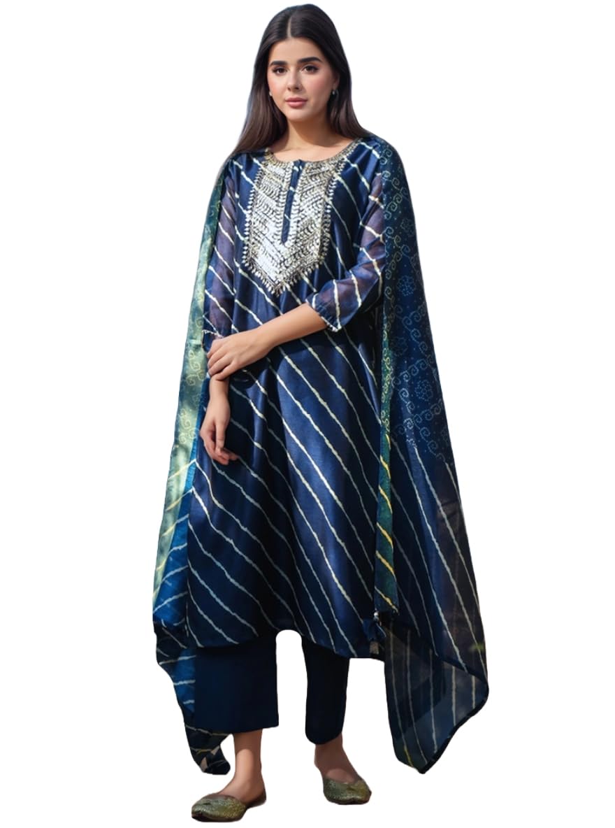 ANNI DESIGNER Womens Rayon Viscose Straight Leheriya Printed Kurta with Pant & Dupatta (Doremi NAVY-VKS05_XXL_Navy_XX-Large)