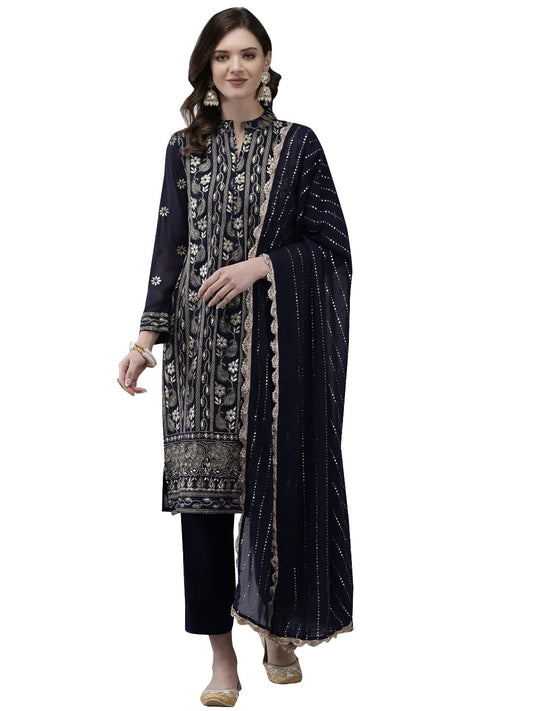 ishin Women's Georgette Navy Blue Embroidered A-Line Kurta With Trouser & Dupatta