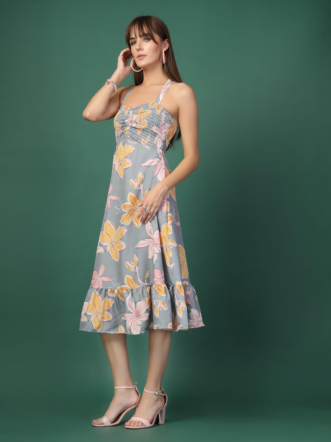 Oomph! WomenS Western & Fusion Wear Printed Crepe Dress For Women, Smocked Bodice, Grey - Md1055