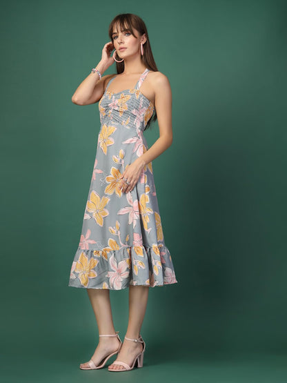 Oomph! WomenS Western & Fusion Wear Printed Crepe Dress For Women, Smocked Bodice, Grey - Md1055