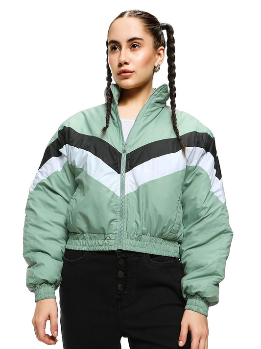 Bewakoof Womens Color Block Oversized Fit Full Sleeve Stand Collar Nylon Bomber Jacket_499001_Green_M