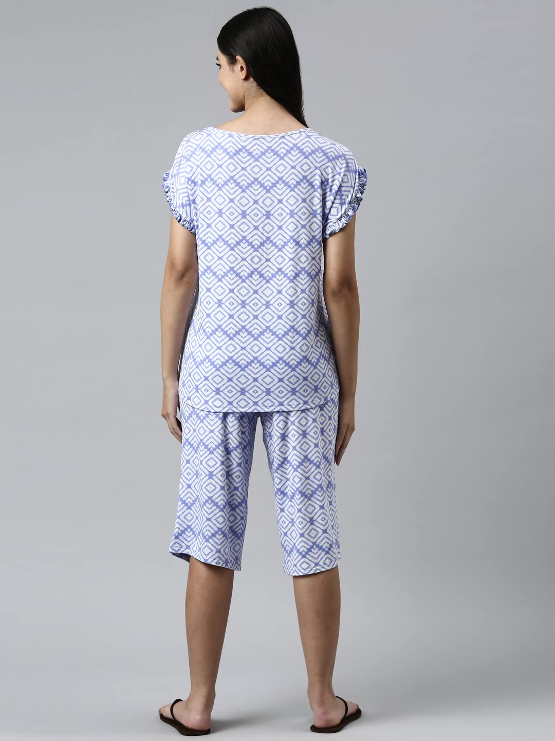 Enamor Essentials-Relaxed Fit Viscose Printed Ruffled Trim Tee & Shant Lounge Set For Womens-EC18 (EC18_Purple Slate Tie Dye Aop