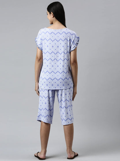 Enamor Essentials-Relaxed Fit Viscose Printed Ruffled Trim Tee & Shant Lounge Set For Womens-EC18 (EC18_Purple Slate Tie Dye Aop