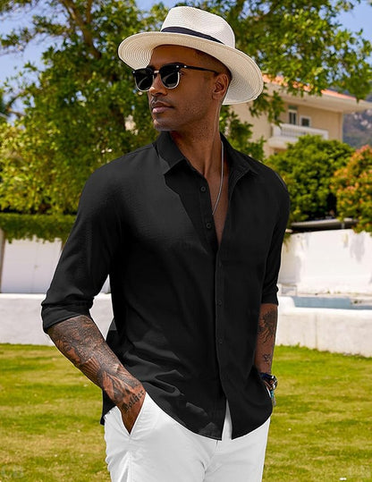 CB-COLEBROOK Mens Long Sleeve Button Down Shirts Casual Cotton Linen Shirts Summer Beach Shirt for Mens Top (in, Alpha, 2XL, Re