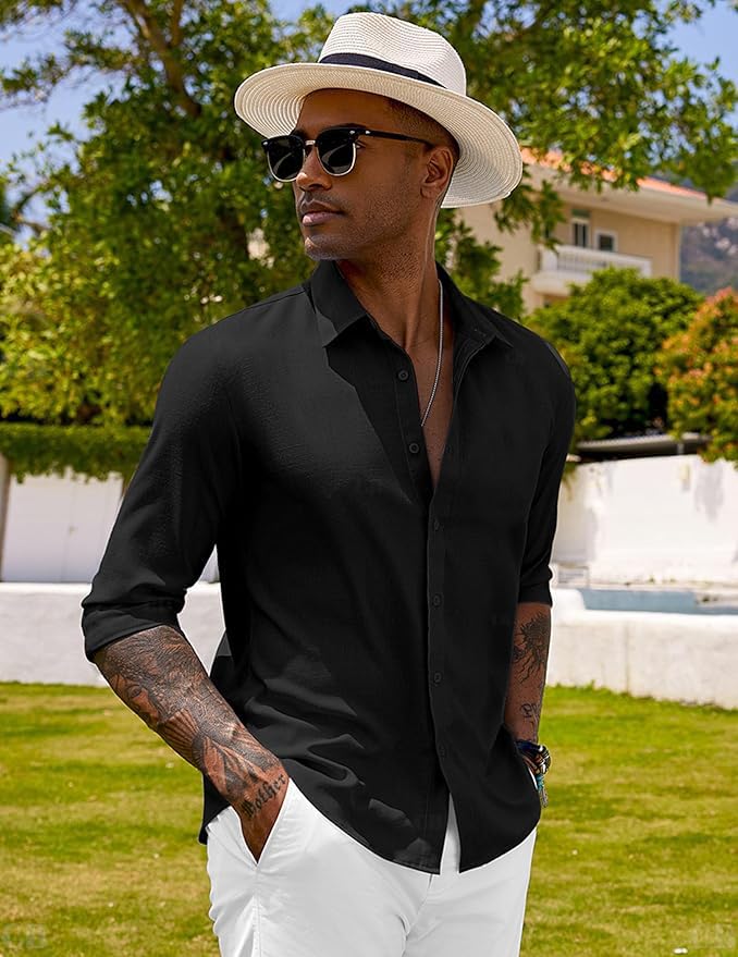 CB-COLEBROOK Mens Long Sleeve Button Down Shirts Casual Cotton Linen Shirts Summer Beach Shirt for Mens Top (in, Alpha, L, Regu