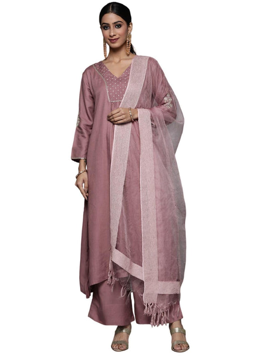 Varanga Mauve Embroidered A-Line Kurta with Palazzo and Dupatta
