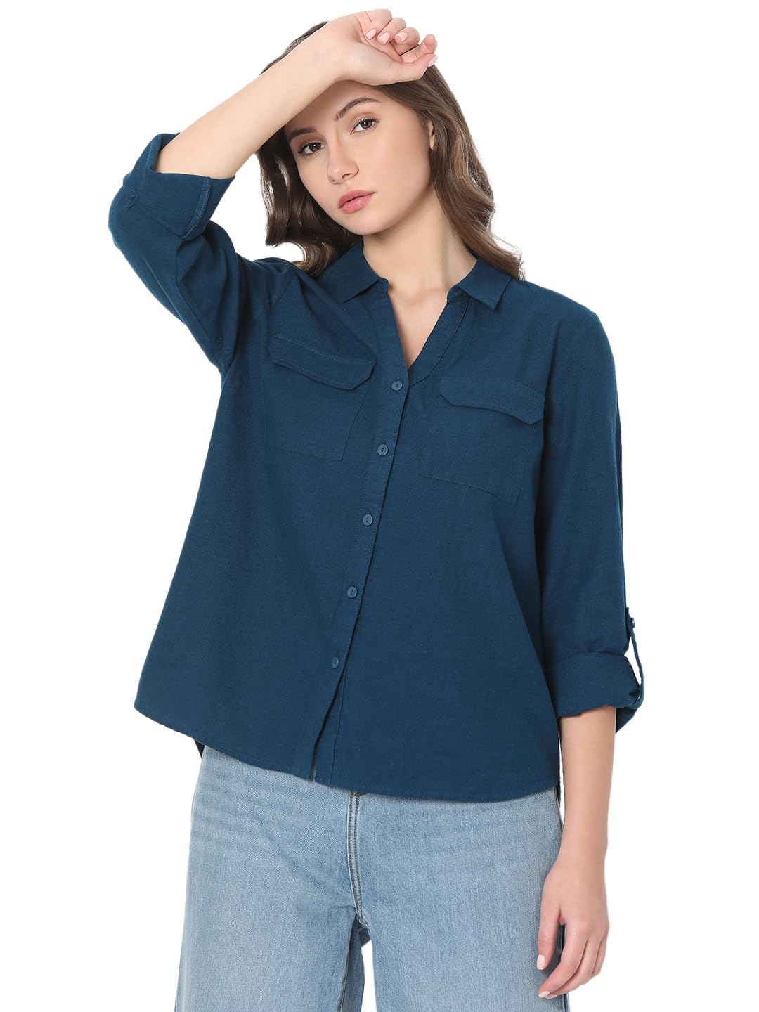 Vero Moda Women Solid Blue Linen Regular Fit Shirt