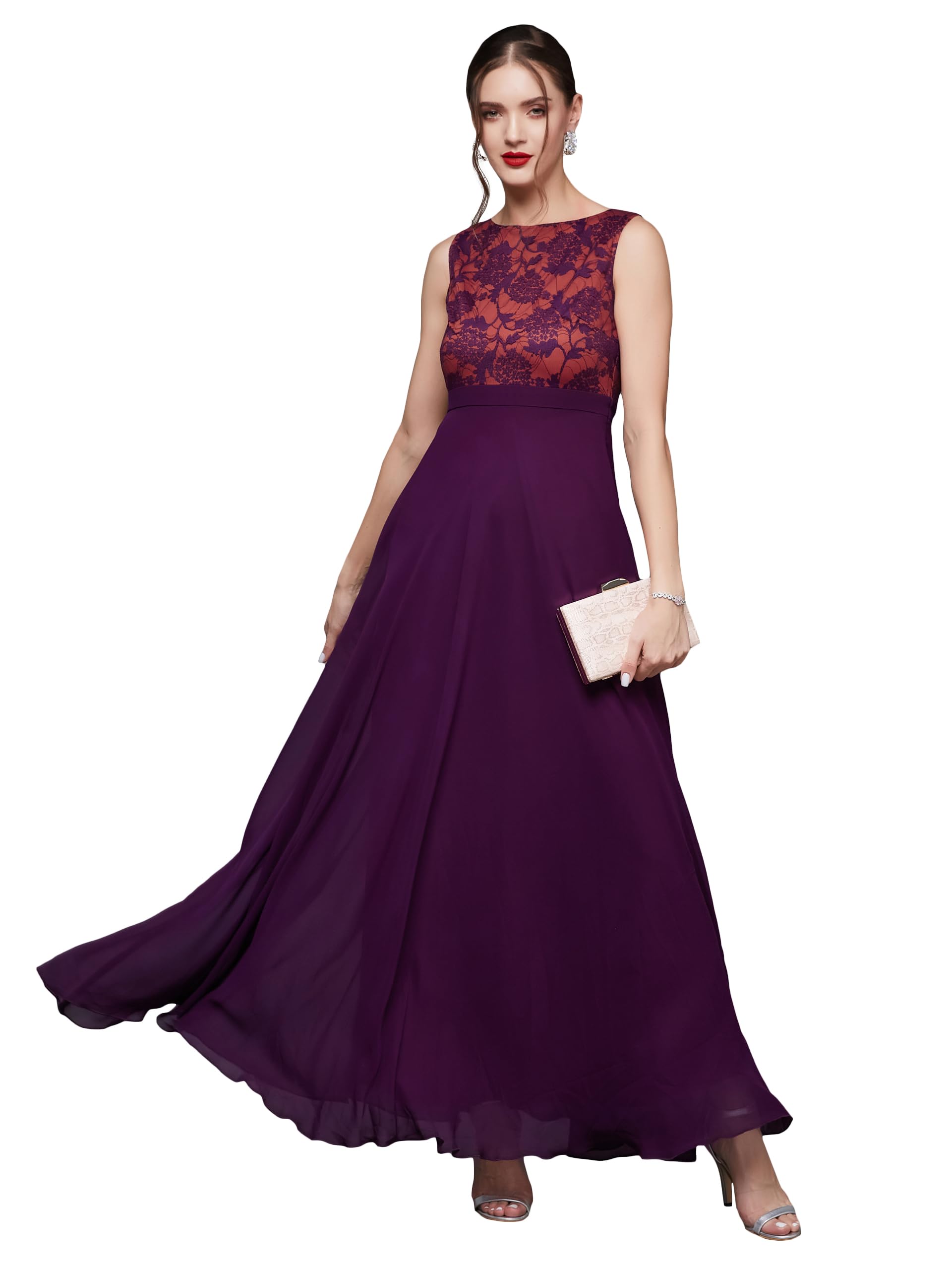 Miss Chase Womens Sweet-Heart Neck Cap Sleeve Self-Designed Pleated Maxi Dress (MCSS25D91-85-732-03, Royal Purple, S)