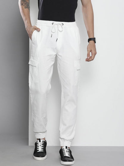The Indian Garage Co Men Slim Fit Solid Mid-Rise Cuffed Cargos White