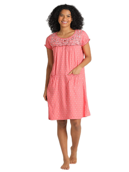 Evolove WomenS Viscose Liva Knee Length Short Night Gown Nighty Dress With Pocket, Super Soft Comfortable (Light Pink & White,