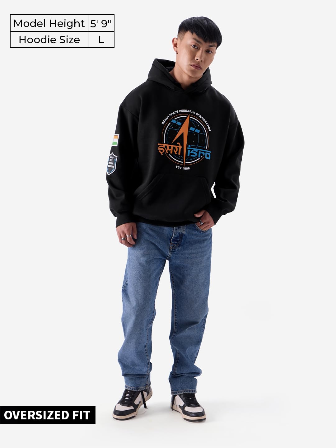 The Souled Store ISRO: Logo Men and Boys Long Sleeve Black Graphic Print Hooded Neck Oversized Fit Hoodies Oversized Hoodies Swe