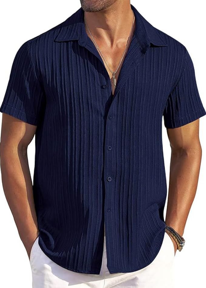 CB-COLEBROOK Mens Casual Button Down Soft Linen Shirts Short Sleeve Textured Summer Beach Shirts for Men (in, Alpha, L, Regular