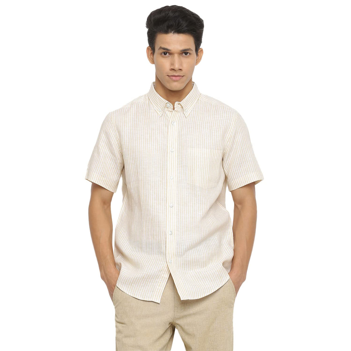 Fabindia Men Linen Slim Fit Casual Half Sleeves Shirt Stripe_Xs White