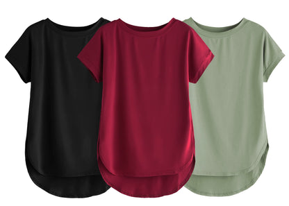 Fabricorn Combo Of Three Plain Maroon, Black And Sage Green Round Neck Up And Down Cotton Tshirt For Women (Maroon, Black, Sage