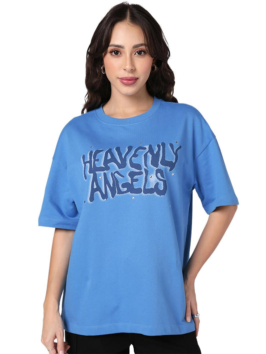 Bewakoof Heavy Duty 1.0 Womens Typography Oversized Fit Half Sleeve Round Neck Cotton Terry T-Shirt_1004231_Blue_S