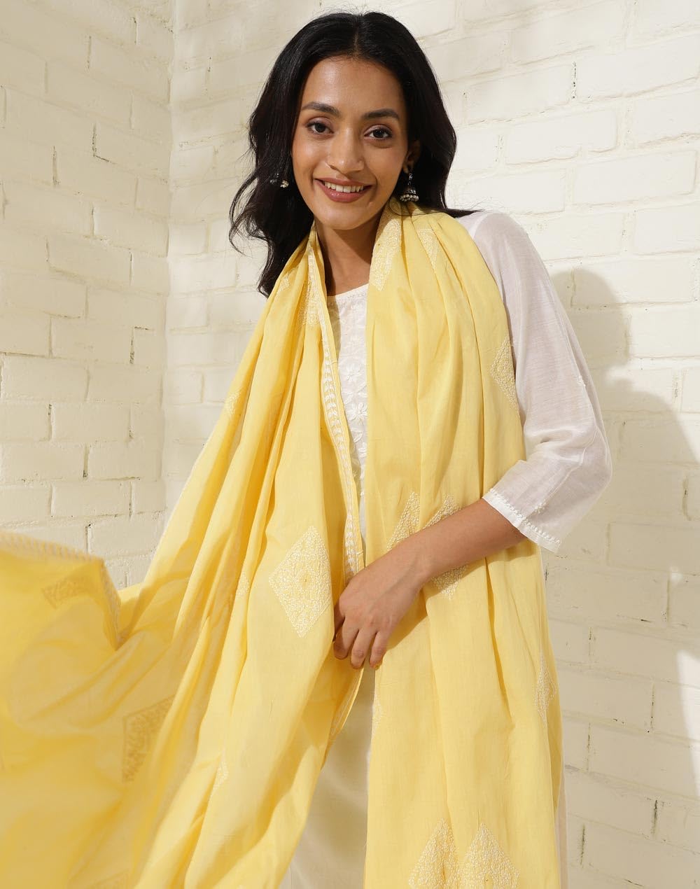 Fabindia Lime Cotton Chikankari Dupatta