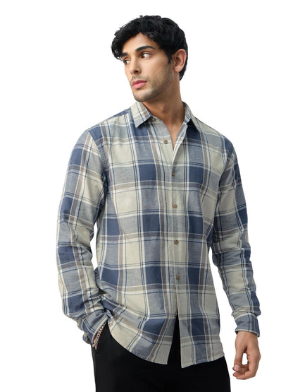 The Souled Store Cotton-Linen Shirts: Blue Topaz Men and Boys Long Sleeve Collared Neck Button Front Blue Plaid Regular Fit Cott