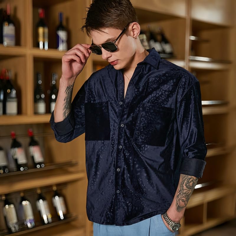 Campus Sutra Mens Navy Blue Cheetah Velvet Oversized Shirt for Casual Wear | Spread Collar | Long Cuffed Sleeves | Button Closu
