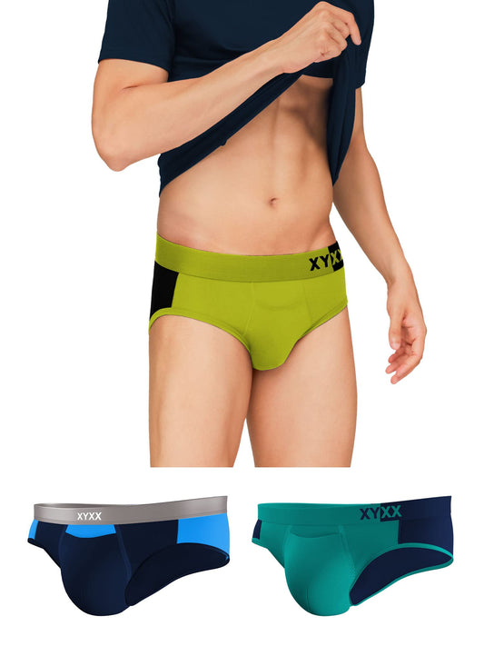 XYXX Mens Underwear Dualist IntelliSoft Antimicrobial Micro Modal Brief Pack of 3 (Lime Punch & Black ; Navigate & Black Iris ;