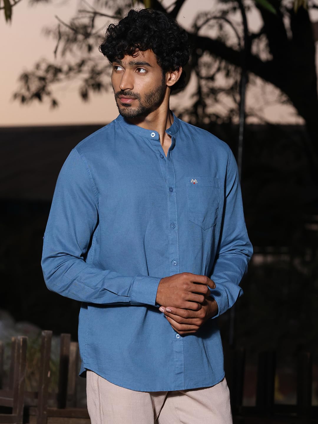 Thomas Scott 100% Cotton Linen Mandarin Collar Roll Up Sleeve Casual Shirts for Mens Teal