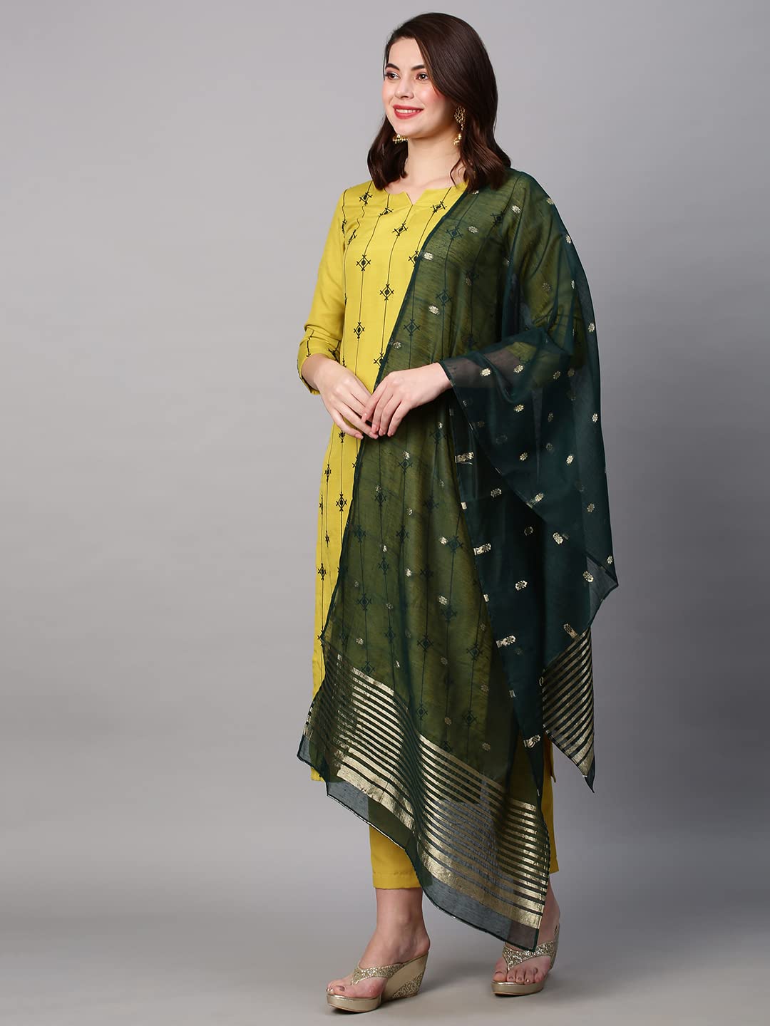 ANNI DESIGNER Women's Cotton Blend Embroidered Straight Kurta with Pant & Dupatta (WORO)