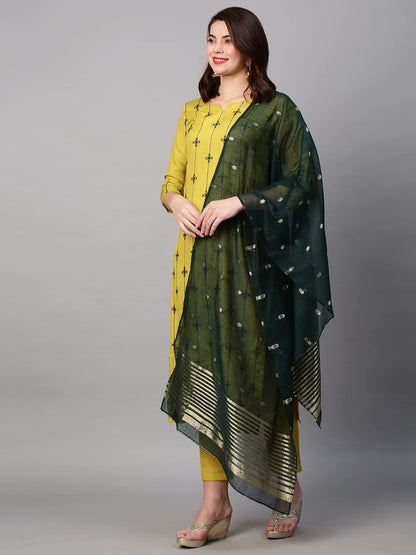 ANNI DESIGNER Women's Cotton Blend Embroidered Straight Kurta with Pant & Dupatta (WORO)