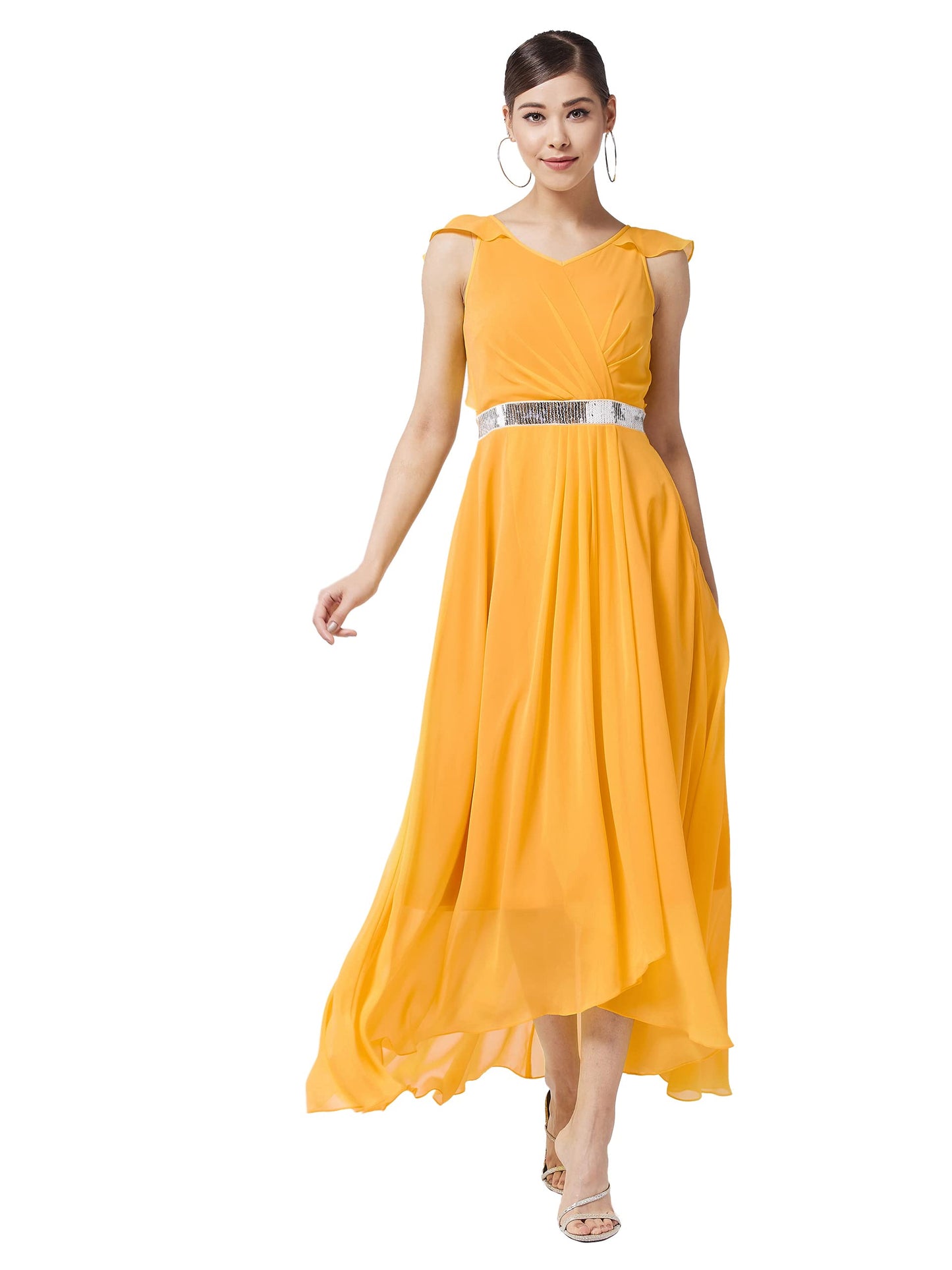 Miss Chase WomenS Mustard V-Neck Ruffled Sleeve Solid Maxi Dress (Mcaw21D06-17-183-02, Mustard, Xs)