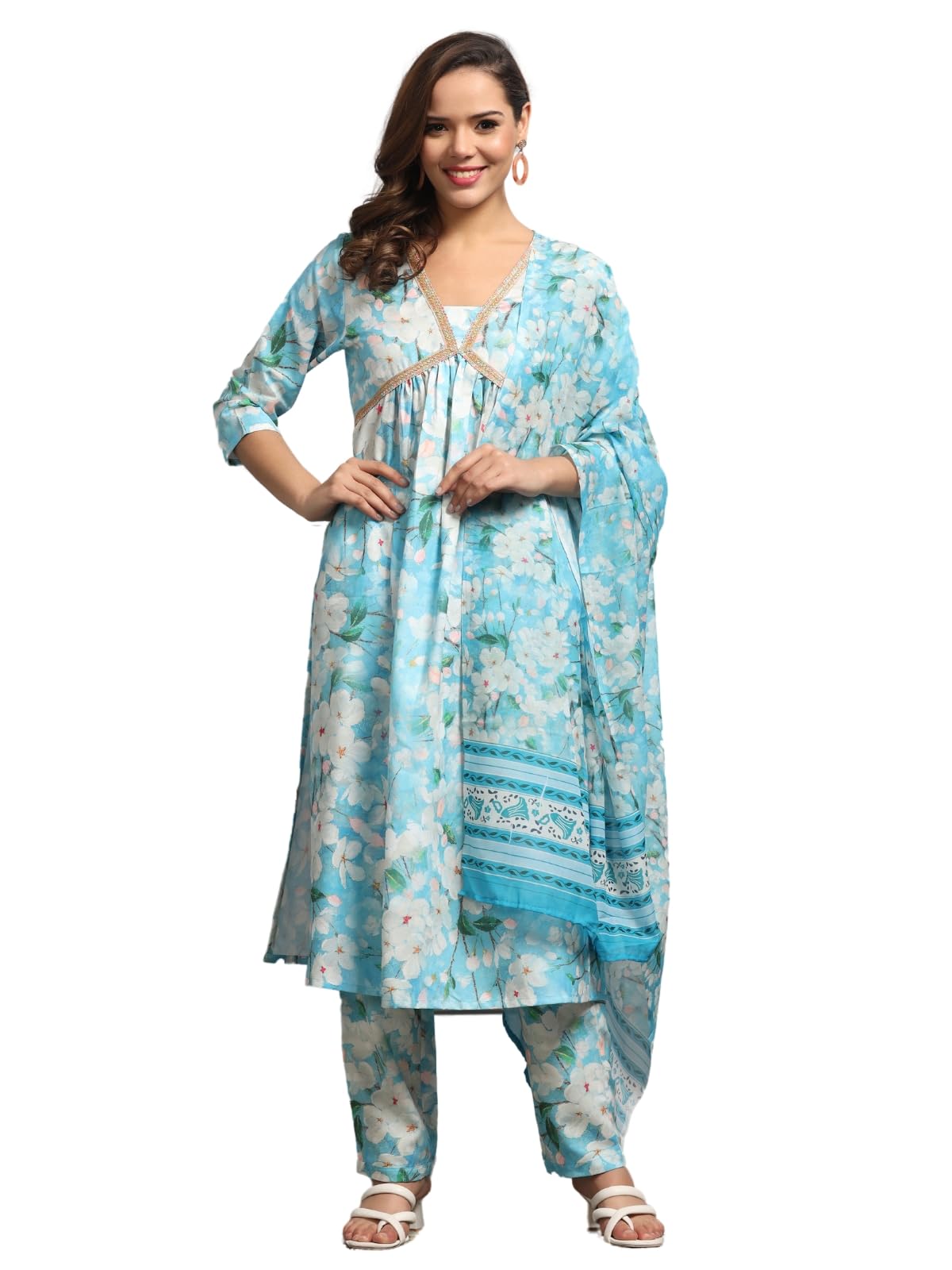 DHRUVI TRENDZ Cotton Blend Kurta Set With Dupatta For Women | Kurta Set For Women | Festive Kurta Set For Women | Regular Fit Kurta