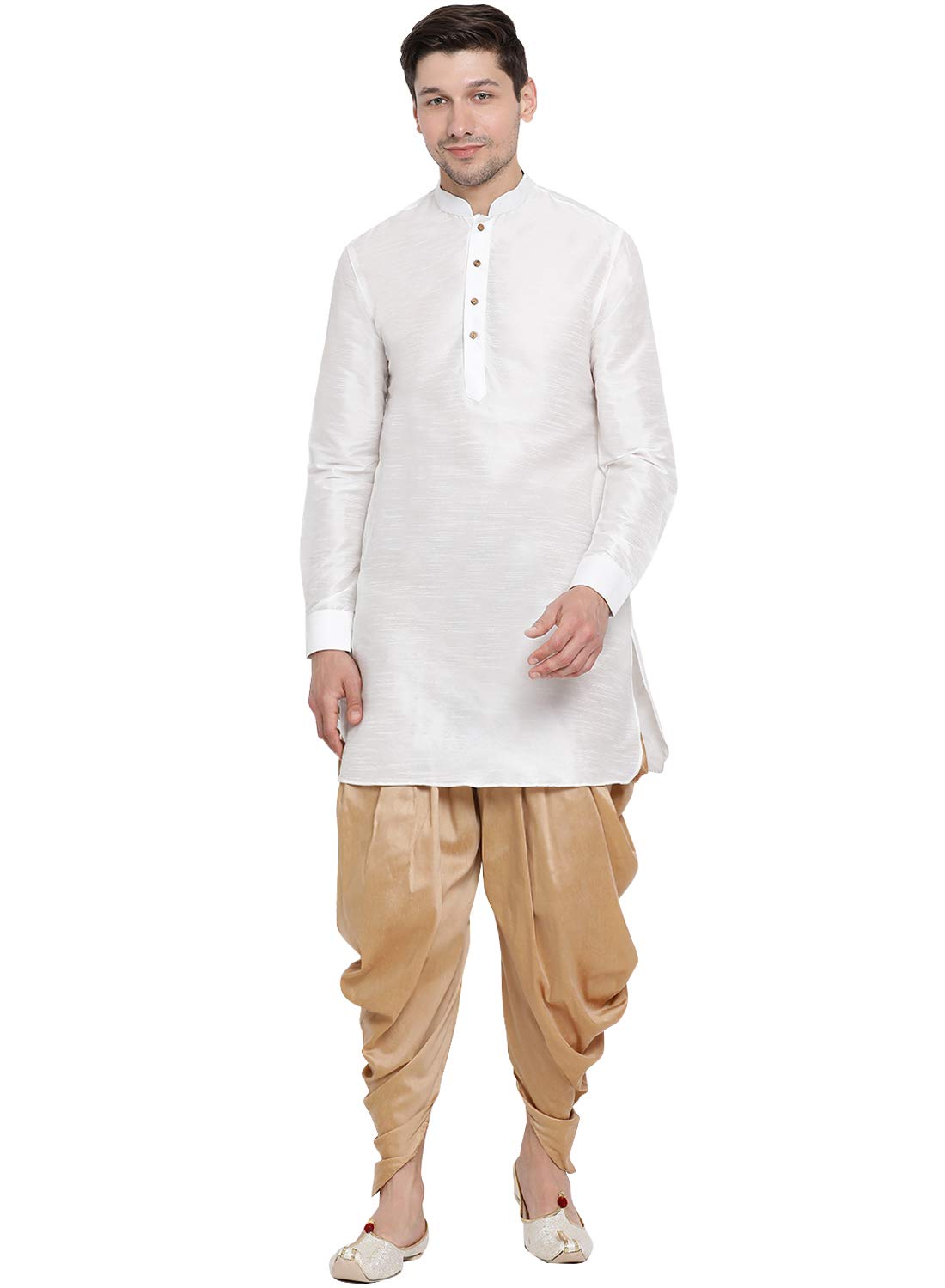 VASTRAMAY Mens White Cotton Silk Blend Kurta and Dhoti Pant Set_VASMUK001WHnCDRG_38