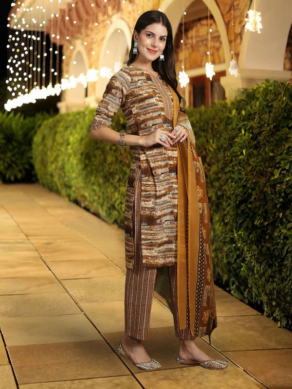 Pinkmint WomenS Cotton Straight Printed Kurta Set With Dupatta L WomenS Kurta Suit Set L Kurta With Pant Set Coffee
